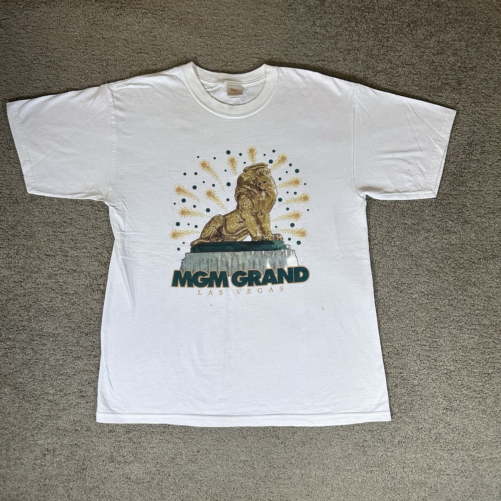 Vintage MGM Grand Casino Hotel Las Vegas‎ Lion Mens L White T-shirt Glitter Deta